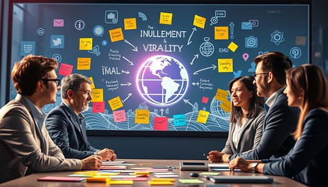 A visually captivating, conceptual illustration depicting the "virality formula" of social media strategy. In the foreground, a diverse group of professionals in business attire is engaged in a brainstorming session, surrounded by vibrant sticky notes representing viral hashtags and ideas. In the middle, a dynamic flowchart intertwines various elements like engagement, shareability, and influencer impact, illustrated with arrows and symbols. The background features a digital landscape with social media icons and a glowing globe to represent global reach, bathed in bright, upbeat lighting. Use a slight downward angle to enhance perspective, conveying an atmosphere of innovation and collaboration, perfect for encapsulating the essence of viral hashtags in the digital age. A visually captivating, conceptual illustration depicting the "virality formula" of social media strategy. In the foreground, a diverse group of professionals in business attire is engaged in a brainstorming session, surrounded by vibrant sticky notes representing viral hashtags and ideas. In the middle, a dynamic flowchart intertwines various elements like engagement, shareability, and influencer impact, illustrated with arrows and symbols. The background features a digital landscape with social media icons and a glowing globe to represent global reach, bathed in bright, upbeat lighting. Use a slight downward angle to enhance perspective, conveying an atmosphere of innovation and collaboration, perfect for encapsulating the essence of viral hashtags in the digital age.