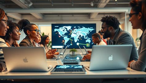A diverse group of activists from various cultures and backgrounds engaged in a digital conference, seated around a sleek modern table with laptops open, symbolizing global connectivity. In the foreground, a female activist of Asian descent discusses passionately while a male activist of African descent listens intently, both dressed in professional business attire. In the middle ground, a large screen displays a world map connecting different cities with vibrant lines, representing cross-border collaborations. The background showcases a bright, open office space with plants, emphasizing a modern and innovative atmosphere. Soft, ambient lighting casts warm tones, enhancing the feeling of unity and collaboration. The mood is inspiring and forward-looking, reflecting the idea of collective action in the digital age.