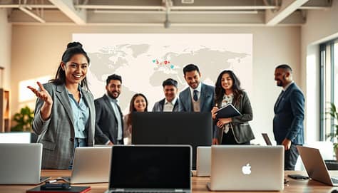 A diverse group of individuals, representing various cultures, stands in a lively workspace filled with laptops and digital devices, collaboratively overcoming language and cultural hurdles. In the foreground, a woman in professional business attire gestures animatedly, symbolizing communication, while a man of Asian descent leans over a computer, translating text, embodying teamwork. In the middle ground, a large digital map displays interconnected global movements, with icons indicating different languages and cultures navigating together. The background features bright, welcoming colors illuminating the room, creating an inspiring atmosphere of unity. Soft, natural light streams through large windows, highlighting the enthusiasm and determination on their faces. The image captures the essence of collaboration in a digital age, emanating a sense of hope and shared purpose. A diverse group of individuals, representing various cultures, stands in a lively workspace filled with laptops and digital devices, collaboratively overcoming language and cultural hurdles. In the foreground, a woman in professional business attire gestures animatedly, symbolizing communication, while a man of Asian descent leans over a computer, translating text, embodying teamwork. In the middle ground, a large digital map displays interconnected global movements, with icons indicating different languages and cultures navigating together. The background features bright, welcoming colors illuminating the room, creating an inspiring atmosphere of unity. Soft, natural light streams through large windows, highlighting the enthusiasm and determination on their faces. The image captures the essence of collaboration in a digital age, emanating a sense of hope and shared purpose.