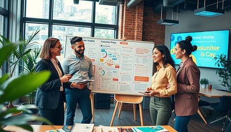 A dynamic scene showcasing episodic volunteer engagement tactics in a modern workspace. In the foreground, a diverse group of three professionals, dressed in smart casual clothing, enthusiastically discussing strategies while surrounded by materials like brochures and charts outlining successful volunteer initiatives. In the middle ground, a large whiteboard displays colorful diagrams and case studies of previous volunteer projects, illustrating both successes and failures. The background features a collaborative office environment with plants, large windows letting in natural light, and a digital screen highlighting upcoming volunteer opportunities. The mood is collaborative and inspiring, with warm lighting enhancing a sense of teamwork and motivation. Shot at eye level with a wide-angle lens to capture the energy of the space.