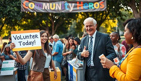 A vibrant scene depicting a diverse group of individuals enthusiastically participating in a community mobilization event. In the foreground, a young woman in smart casual attire holds up a colorful sign reading “Volunteer Today!” while engaging with a smiling older man dressed in professional business attire, who is giving a thumbs-up. The middle ground shows additional supporters interacting at various booths offering incentives, such as brochures and small giveaways. The background features a park setting, with trees and a banner overhead that reads “Community Heroes” in festive colors. Soft, warm lighting creates an inviting atmosphere, while an upward camera angle showcases the excitement and camaraderie of the event, emphasizing a sense of community and recognition. A vibrant scene depicting a diverse group of individuals enthusiastically participating in a community mobilization event. In the foreground, a young woman in smart casual attire holds up a colorful sign reading “Volunteer Today!” while engaging with a smiling older man dressed in professional business attire, who is giving a thumbs-up. The middle ground shows additional supporters interacting at various booths offering incentives, such as brochures and small giveaways. The background features a park setting, with trees and a banner overhead that reads “Community Heroes” in festive colors. Soft, warm lighting creates an inviting atmosphere, while an upward camera angle showcases the excitement and camaraderie of the event, emphasizing a sense of community and recognition.