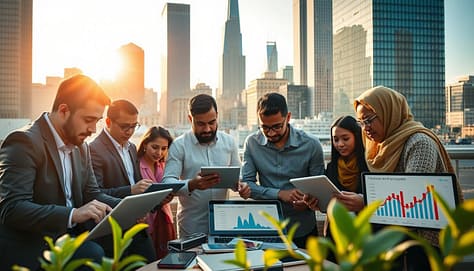 A vibrant urban setting showcasing grassroots technology in action. In the foreground, a diverse group of men and women, dressed in professional business attire and modest casual clothing, are gathered around laptops and tablets, collaborating on digital platforms. The middle ground features various tech devices, like smartphones displaying social media feeds, and smart boards with graphs representing data analytics. In the background, a bustling city skyline reflects progress and innovation, bathed in warm, natural light from a late afternoon sun, creating a hopeful atmosphere. The composition is shot from a slightly elevated angle, emphasizing the connection between the individuals and their tools, encapsulating the idea of community-driven change through technology. A vibrant urban setting showcasing grassroots technology in action. In the foreground, a diverse group of men and women, dressed in professional business attire and modest casual clothing, are gathered around laptops and tablets, collaborating on digital platforms. The middle ground features various tech devices, like smartphones displaying social media feeds, and smart boards with graphs representing data analytics. In the background, a bustling city skyline reflects progress and innovation, bathed in warm, natural light from a late afternoon sun, creating a hopeful atmosphere. The composition is shot from a slightly elevated angle, emphasizing the connection between the individuals and their tools, encapsulating the idea of community-driven change through technology.