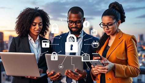 A visually striking composition illustrating "Digital Security Essentials for Activists." In the foreground, a diverse group of three activists, a Black woman, a Middle-Eastern man, and a Latina woman, all dressed in professional business attire, engage with digital devices—laptops and smartphones—emphasizing cybersecurity measures like encrypted communication apps. In the middle, an array of digital security icons, such as padlocks, firewalls, and network shields, seamlessly blend into the scene. The background features a city skyline at dusk, symbolizing the challenging environments activists operate in, with warm dusky lighting casting a determined atmosphere. Use a shallow depth of field to focus on the activists' expressions of resolve and empowerment, encapsulating a mood of resilience and hope. A visually striking composition illustrating "Digital Security Essentials for Activists." In the foreground, a diverse group of three activists, a Black woman, a Middle-Eastern man, and a Latina woman, all dressed in professional business attire, engage with digital devices—laptops and smartphones—emphasizing cybersecurity measures like encrypted communication apps. In the middle, an array of digital security icons, such as padlocks, firewalls, and network shields, seamlessly blend into the scene. The background features a city skyline at dusk, symbolizing the challenging environments activists operate in, with warm dusky lighting casting a determined atmosphere. Use a shallow depth of field to focus on the activists' expressions of resolve and empowerment, encapsulating a mood of resilience and hope.