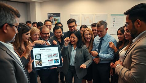A visually striking scene depicting a historical online petition campaign, focusing on a large, diverse group of individuals, including men and women dressed in professional business attire, gathered around a vibrant, digital display of a petition on a tablet. In the foreground, the tablet glows brightly, showcasing images of impactful case studies and signatures. In the middle ground, the group interacts passionately, some pointing at the screen, while others engage in discussions, reflecting determination and enthusiasm. The background features a modern office setting with charts and campaign materials. Soft, warm lighting illuminates the scene, creating an inspiring and hopeful atmosphere. The angle is slightly elevated, offering a wide view of the collaboration and excitement surrounding the digital petition efforts. A visually striking scene depicting a historical online petition campaign, focusing on a large, diverse group of individuals, including men and women dressed in professional business attire, gathered around a vibrant, digital display of a petition on a tablet. In the foreground, the tablet glows brightly, showcasing images of impactful case studies and signatures. In the middle ground, the group interacts passionately, some pointing at the screen, while others engage in discussions, reflecting determination and enthusiasm. The background features a modern office setting with charts and campaign materials. Soft, warm lighting illuminates the scene, creating an inspiring and hopeful atmosphere. The angle is slightly elevated, offering a wide view of the collaboration and excitement surrounding the digital petition efforts.
