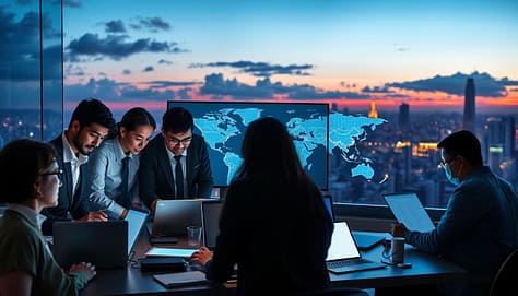 A vivid scene depicting digital advocacy in authoritarian contexts as a case study of success. In the foreground, a diverse group of individuals, dressed in professional business attire, gather around laptops and digital devices, intensely collaborating and strategizing. The middle ground features a large digital screen displaying a map connecting various international locations, symbolizing global solidarity and communication. The background reveals a cityscape at dusk, silhouetted against a twilight sky, with clouds hinting at a transition from oppression to freedom. Soft, ambient lighting enhances the hopeful atmosphere, and the lens captures the scene from a slightly elevated angle, conveying unity and determination in the face of adversity. The overall mood is one of resilience and hope.