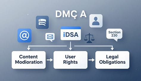 A detailed diagram illustrating platform policies and intermediary liability in the context of DMCA, DSA, and Section 230. In the foreground, clearly defined boxes represent key concepts such as “Content Moderation,” “User Rights,” and “Legal Obligations,” with connecting arrows to show relationships. The middle layer includes visual representations of digital platforms like social media icons and legal symbols, depicted in a modern and professional style. The background features a subtle grid pattern, signaling a tech environment, with soft blue and gray color tones creating a calm and focused atmosphere. The lighting is even and bright, suggesting a professional, informative setting. The overall mood is serious yet accessible, appealing to a professional audience engaged in digital activism and law.