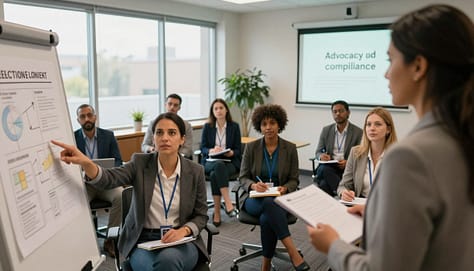 A group of diverse nonprofit staff members engaged in an interactive training session on electioneering compliance. In the foreground, a facilitator stands at a whiteboard filled with charts and compliance guidelines, pointing towards it. The middle ground features attentive staff members, both men and women of varying ethnicities, dressed in professional business attire, taking notes and discussing among themselves. The background shows a well-lit conference room with large windows allowing natural light, plants in the corners, and a projector displaying a presentation about advocacy and compliance. The mood is focused and collaborative, emphasizing the significance of understanding nonprofit rules while advocating responsibly. Use soft lighting to create a warm atmosphere, with a slight depth of field to emphasize the participants and the facilitator. A group of diverse nonprofit staff members engaged in an interactive training session on electioneering compliance. In the foreground, a facilitator stands at a whiteboard filled with charts and compliance guidelines, pointing towards it. The middle ground features attentive staff members, both men and women of varying ethnicities, dressed in professional business attire, taking notes and discussing among themselves. The background shows a well-lit conference room with large windows allowing natural light, plants in the corners, and a projector displaying a presentation about advocacy and compliance. The mood is focused and collaborative, emphasizing the significance of understanding nonprofit rules while advocating responsibly. Use soft lighting to create a warm atmosphere, with a slight depth of field to emphasize the participants and the facilitator.