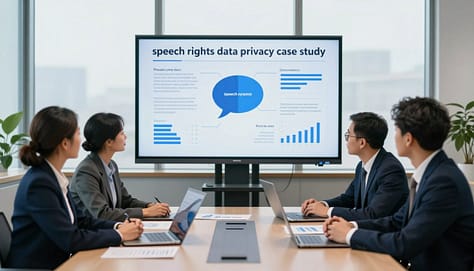 A modern office setting represents a "speech rights data privacy case study." In the foreground, a diverse group of three professionals in business attire engages in a discussion around a sleek conference table filled with charts, graphs, and digital devices. The middle layer features a large screen displaying a visual representation of data privacy laws and speech rights, creating a focal point for the conversation. In the background, large windows let in soft, natural light, illuminating the room and enhancing a collaborative atmosphere. The scene conveys a sense of urgency and focus, highlighting the intersection of digital activism and legal practices. The mood is serious yet hopeful, emphasizing the importance of advocacy in the digital age. A modern office setting represents a "speech rights data privacy case study." In the foreground, a diverse group of three professionals in business attire engages in a discussion around a sleek conference table filled with charts, graphs, and digital devices. The middle layer features a large screen displaying a visual representation of data privacy laws and speech rights, creating a focal point for the conversation. In the background, large windows let in soft, natural light, illuminating the room and enhancing a collaborative atmosphere. The scene conveys a sense of urgency and focus, highlighting the intersection of digital activism and legal practices. The mood is serious yet hopeful, emphasizing the importance of advocacy in the digital age.