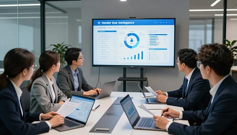 A professional office setting illustrating vendor due diligence with a focus on data privacy. In the foreground, a diverse group of business professionals, dressed in smart business attire, are collaboratively analyzing documents related to vendor contracts. They are gathered around a sleek conference table featuring digital devices like laptops and tablets displaying graphs and data. In the middle, a large screen on the wall displays a summarized dashboard of vendor performance metrics and compliance highlights. The background features glass panels and modern office decor, with soft, ambient lighting creating a focused and serious atmosphere. The composition should be from a slightly elevated angle, providing a clear view of the interaction and emphasis on teamwork and security.