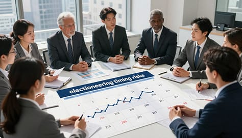 A visually engaging composition illustrating "electioneering timing risks" with a foreground featuring a diverse group of professionals in business attire engaged in a discussion around a large calendar marked with upcoming election dates. In the middle, there are stacks of documents and charts depicting fluctuating timelines and risk assessment graphs. The background shows an office setting with a window view of a bustling cityscape, hinting at urgency and strategic planning. Soft, natural lighting streams in from the window, casting gentle shadows on the scene. Capture a mood of professionalism and focus, emphasizing the importance of timing in advocacy efforts. The perspective should be a slightly elevated angle, providing a comprehensive view that connects all elements harmoniously.