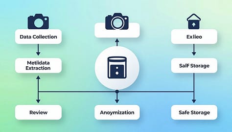 A detailed, professional diagram illustrating the metadata hygiene process, specifically focused on EXIF and geotags. In the foreground, a stylized flowchart representation with clear arrows navigating between key steps: data collection, metadata extraction, review, anonymization, and safe storage. In the middle ground, various icons symbolizing cameras, storage devices, and data privacy, seamlessly integrating with the flowchart. The background features a gradient of soft blues and greens, conveying a sense of security and organization. The lighting is bright and even, enhancing the clarity of the diagram. The image has a clean, modern aesthetic, evoking a proactive and responsible approach to digital media management while maintaining a professional atmosphere. No text or annotations present. A detailed, professional diagram illustrating the metadata hygiene process, specifically focused on EXIF and geotags. In the foreground, a stylized flowchart representation with clear arrows navigating between key steps: data collection, metadata extraction, review, anonymization, and safe storage. In the middle ground, various icons symbolizing cameras, storage devices, and data privacy, seamlessly integrating with the flowchart. The background features a gradient of soft blues and greens, conveying a sense of security and organization. The lighting is bright and even, enhancing the clarity of the diagram. The image has a clean, modern aesthetic, evoking a proactive and responsible approach to digital media management while maintaining a professional atmosphere. No text or annotations present.