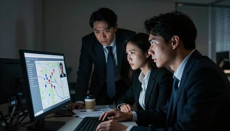 A dimly lit office environment serves as the backdrop, evoking a sense of unease and tension. In the foreground, a group of three individuals in professional business attire are huddled around a computer screen, focused on displaying a digital map filled with pins and images representing doxxed individuals. Their expressions convey a mix of concern and determination. The middle layer features scattered papers and a coffee cup, adding an element of chaos. A soft glow from the computer screen illuminates their faces, while shadows stretch across the walls, suggesting a hidden threat. The angle is slightly tilted to create a sense of urgency, enhancing the atmosphere of secrecy and drama. The overall mood is serious and intense, reflecting the gravity of the coordinated doxxing issue. A dimly lit office environment serves as the backdrop, evoking a sense of unease and tension. In the foreground, a group of three individuals in professional business attire are huddled around a computer screen, focused on displaying a digital map filled with pins and images representing doxxed individuals. Their expressions convey a mix of concern and determination. The middle layer features scattered papers and a coffee cup, adding an element of chaos. A soft glow from the computer screen illuminates their faces, while shadows stretch across the walls, suggesting a hidden threat. The angle is slightly tilted to create a sense of urgency, enhancing the atmosphere of secrecy and drama. The overall mood is serious and intense, reflecting the gravity of the coordinated doxxing issue.