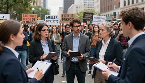 A dynamic and engaging scene capturing a case study on livestream protocols during mass protests. In the foreground, a diverse group of individuals in professional business attire observes and discusses guidelines. They hold tablets and notebooks, jotting down notes, illuminated by soft, natural lighting for a collaborative atmosphere. In the middle, a vibrant crowd participates in a peaceful protest, some demonstrating with raised signs, while others capture the moment on their smartphones, showcasing an air of respectful engagement. The background features a city skyline, establishing the setting as an urban environment. The overall mood is serious but hopeful, emphasizing the importance of consent and responsibility in livestreaming during public demonstrations. Use a slightly elevated angle to capture the depth of interaction and energy in the scene. A dynamic and engaging scene capturing a case study on livestream protocols during mass protests. In the foreground, a diverse group of individuals in professional business attire observes and discusses guidelines. They hold tablets and notebooks, jotting down notes, illuminated by soft, natural lighting for a collaborative atmosphere. In the middle, a vibrant crowd participates in a peaceful protest, some demonstrating with raised signs, while others capture the moment on their smartphones, showcasing an air of respectful engagement. The background features a city skyline, establishing the setting as an urban environment. The overall mood is serious but hopeful, emphasizing the importance of consent and responsibility in livestreaming during public demonstrations. Use a slightly elevated angle to capture the depth of interaction and energy in the scene.