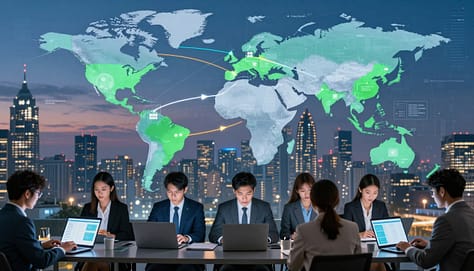 A dynamic infographic illustrating the data flow of a transnational human rights campaign, set against a digital map of the world with interconnected nodes representing different jurisdictions. In the foreground, diverse professionals in business attire collaborate over laptops and digital devices, analyzing real-time data. The middle layer shows vibrant flowcharts and arrows depicting the movement of information across borders, illustrating transparency and collaboration. The background features a high-tech city skyline at dusk, illuminated with soft, ambient lighting to evoke a sense of urgency and hope. The atmosphere should be one of innovation and determination, with a color palette of blue and green that conveys trust and action. A dynamic infographic illustrating the data flow of a transnational human rights campaign, set against a digital map of the world with interconnected nodes representing different jurisdictions. In the foreground, diverse professionals in business attire collaborate over laptops and digital devices, analyzing real-time data. The middle layer shows vibrant flowcharts and arrows depicting the movement of information across borders, illustrating transparency and collaboration. The background features a high-tech city skyline at dusk, illuminated with soft, ambient lighting to evoke a sense of urgency and hope. The atmosphere should be one of innovation and determination, with a color palette of blue and green that conveys trust and action.