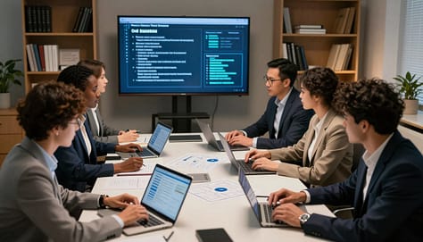 A focused scene depicting a group of diverse activists engaged in a strategy meeting on operational security, set in a modern office environment. In the foreground, show individuals sitting around a sleek table, attentively reviewing digital devices and diagrams. Each activist wears professional business attire, reflecting a mix of cultures and backgrounds. In the middle ground, a large screen displays security protocols and encryption tools, symbolizing the importance of digital safety. The background features office shelves with books on privacy and cybersecurity, bathed in soft, warm lighting to create a serious yet hopeful atmosphere. The angle is slightly overhead, capturing both the discussion and the immersive environment, emphasizing a sense of collaboration and determination.