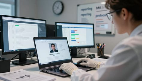 A forensic expert in a modern office environment meticulously reviews a digital device, focusing on a laptop displaying evidence of online harassment. In the foreground, a pair of gloved hands operate a digital forensic tool, while various screens, filled with visual data and graphs, provide analytical insights. The middle ground features well-organized files and electronic items, symbolizing evidence preservation. In the background, a subtle wall clock indicates time-sensitive action, and a digital whiteboard highlights key terms like "reporting" and "protocol." Soft, focused lighting highlights the intensity of the moment, casting gentle shadows and creating a serious, professional atmosphere. The scene conveys a sense of urgency and responsibility in handling sensitive information.