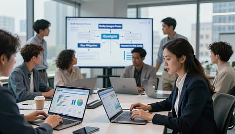 A modern office environment serving as the backdrop, filled with a diverse group of professionals engaged in discussions around laptops and digital screens displaying charts and graphs. In the foreground, a focused woman in professional business attire is analyzing a report labeled "Bias Audit," with highlighted data points. The middle layer features a large digital board showcasing a flowchart labeled "Quality Assurance Process" with arrows connecting to "Bias Mitigation" and "Human-in-the-Loop". The background includes a cityscape visible through large windows, with soft, natural lighting filtering in, creating an atmosphere of collaboration and innovation. The overall mood is serious yet optimistic, reflecting the importance of ethical AI use.