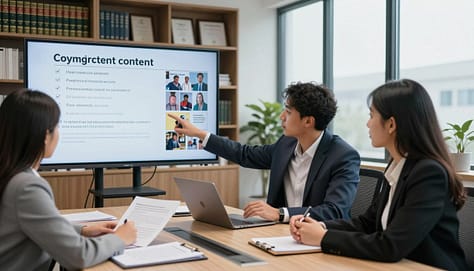A professional office setting, featuring a diverse group of three individuals in business attire, discussing the legal considerations of user-generated content. In the foreground, a woman points to a large, clear digital screen showcasing copyright symbols, a fair use checklist, and examples of memes and news clips. In the middle ground, a man and a woman are seated at a conference table with legal documents, laptops, and notepads, engaging in a focused discussion. The background reveals a modern office with shelves of law books and framed certificates. Soft, natural lighting filters through large windows, creating a collaborative and informative atmosphere. The scene captures the essence of navigating legal aspects in a creative environment while ensuring a professional tone.