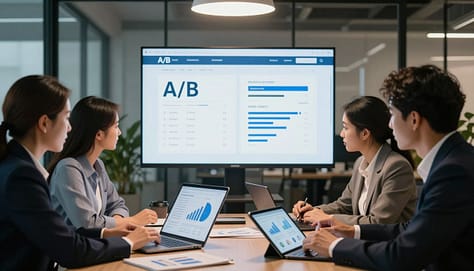 A professional office setting showcasing ethical A/B testing. In the foreground, a diverse group of three professionals of mixed ethnicities, dressed in business attire, are collaboratively analyzing data on laptops and digital tablets, with charts and graphs clearly visible. In the middle, a large, semi-transparent display screen shows an A/B test comparison between two website designs, with clear, non-manipulative metrics highlighted. In the background, modern office elements like glass walls and plants create a calm and engaging atmosphere. Soft lighting from overhead fixtures casts a warm glow, enhancing focus and productivity. The mood conveys collaboration, integrity, and a commitment to ethical standards in analytics without surveillance.