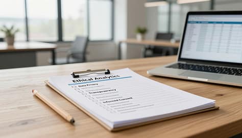 A visually engaging ethical analytics checklist displayed on a wooden desk, with neatly arranged items like a notepad, pencil, and a laptop open to a spreadsheet. The checklist items should include concepts such as "Data Privacy", "Transparency", and "Informed Consent" in a clear, organized manner. In the background, a soft-focus view of a modern office space with large windows allowing natural light to stream in, creating a warm and inviting atmosphere. The scene should evoke professionalism and responsibility, with a slight depth of field effect to emphasize the checklist in the foreground. The lighting should be bright yet soft, highlighting the details without harsh shadows, conveying a sense of mindfulness and ethical consideration. A visually engaging ethical analytics checklist displayed on a wooden desk, with neatly arranged items like a notepad, pencil, and a laptop open to a spreadsheet. The checklist items should include concepts such as "Data Privacy", "Transparency", and "Informed Consent" in a clear, organized manner. In the background, a soft-focus view of a modern office space with large windows allowing natural light to stream in, creating a warm and inviting atmosphere. The scene should evoke professionalism and responsibility, with a slight depth of field effect to emphasize the checklist in the foreground. The lighting should be bright yet soft, highlighting the details without harsh shadows, conveying a sense of mindfulness and ethical consideration.