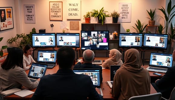 A collaborative scene depicting digital activism community building tools in action. In the foreground, a diverse group of individuals, dressed in professional business attire and modest casual clothing, are engaged in a video call on laptops, surrounded by notepads and digital devices displaying various platforms for outreach and recruitment. In the middle ground, a vibrant display of digital screens showcasing social media interfaces and virtual collaboration tools, illuminated by soft, warm lighting for a welcoming atmosphere. The background features a workspace adorned with motivational posters and plants, emphasizing growth and community. The image captures a mood of enthusiasm and empowerment, with a focus on fostering connections for social change, shot from a slightly elevated angle to encompass the entire collaborative environment.