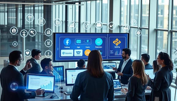 A futuristic digital workspace showcasing the selection of various virtual events technology platforms. In the foreground, a diverse group of professionals in business attire are engaged in discussion, surrounded by glowing holographic screens displaying icons of different platforms. The middle layer features sleek monitors and tablets showcasing analytical data and user interfaces for virtual rally tools, creating an atmosphere of active collaboration. In the background, a modern office with large windows lets in soft, natural light, illuminating the high-tech environment. The scene conveys a sense of innovation and urgency, emphasizing the importance of choosing the right technology for impactful digital activism. The overall mood is professional and dynamic, reflecting the fresh possibilities of digital engagement in civic movements. A futuristic digital workspace showcasing the selection of various virtual events technology platforms. In the foreground, a diverse group of professionals in business attire are engaged in discussion, surrounded by glowing holographic screens displaying icons of different platforms. The middle layer features sleek monitors and tablets showcasing analytical data and user interfaces for virtual rally tools, creating an atmosphere of active collaboration. In the background, a modern office with large windows lets in soft, natural light, illuminating the high-tech environment. The scene conveys a sense of innovation and urgency, emphasizing the importance of choosing the right technology for impactful digital activism. The overall mood is professional and dynamic, reflecting the fresh possibilities of digital engagement in civic movements.