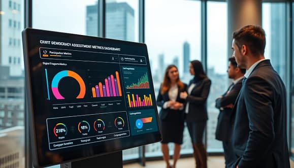 A high-tech digital democracy impact assessment metrics dashboard displayed prominently in a sleek, modern office environment. The foreground features an interactive touchscreen with intuitive sliders and vibrant visual graphs representing civic engagement metrics, such as participation rates and user feedback. In the middle ground, a diverse group of professionals in business attire collaborate around the dashboard, discussing insights and strategies to enhance civic participation. The background shows a large window with a cityscape, symbolizing the urban environment these metrics impact. Soft, ambient lighting creates a focused atmosphere, while a slight zoom effect emphasizes the dashboard's details. The overall mood is dynamic and innovative, capturing the essence of gamification in civic engagement measurement. A high-tech digital democracy impact assessment metrics dashboard displayed prominently in a sleek, modern office environment. The foreground features an interactive touchscreen with intuitive sliders and vibrant visual graphs representing civic engagement metrics, such as participation rates and user feedback. In the middle ground, a diverse group of professionals in business attire collaborate around the dashboard, discussing insights and strategies to enhance civic participation. The background shows a large window with a cityscape, symbolizing the urban environment these metrics impact. Soft, ambient lighting creates a focused atmosphere, while a slight zoom effect emphasizes the dashboard's details. The overall mood is dynamic and innovative, capturing the essence of gamification in civic engagement measurement.