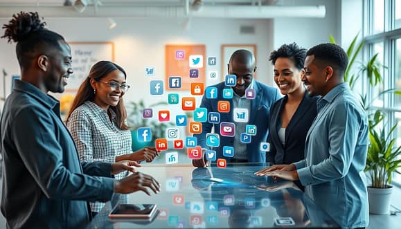 A vibrant and engaging digital community management scene showcasing a diverse group of professionals collaborating in a virtual workspace. In the foreground, a mixed-gender team of four individuals of varying ethnicities is gathered around a large touchscreen display, enthusiastically discussing social media strategies. The middle ground features an array of social media icons floating, symbolizing online interaction and community building. In the background, a bright and modern office environment is visible, with plants and motivational posters, creating an inviting atmosphere. Soft, natural lighting illuminates the scene, enhancing the sense of teamwork and innovation. The mood is dynamic and inclusive, reflecting camaraderie and shared goals in fostering online communities. A vibrant and engaging digital community management scene showcasing a diverse group of professionals collaborating in a virtual workspace. In the foreground, a mixed-gender team of four individuals of varying ethnicities is gathered around a large touchscreen display, enthusiastically discussing social media strategies. The middle ground features an array of social media icons floating, symbolizing online interaction and community building. In the background, a bright and modern office environment is visible, with plants and motivational posters, creating an inviting atmosphere. Soft, natural lighting illuminates the scene, enhancing the sense of teamwork and innovation. The mood is dynamic and inclusive, reflecting camaraderie and shared goals in fostering online communities.