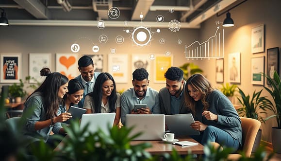 A vibrant community engagement scene showcasing diverse individuals collaborating on digital platforms. In the foreground, a mixed group of professionals, dressed in smart casual attire, are huddled around laptops and tablets, exchanging ideas and strategies for community building. The middle layer features floating digital elements such as social media icons, network graphics, and charts illustrating growth and engagement metrics. In the background, a modern office space filled with greenery and inspiring posters on the walls sets an inviting atmosphere. Soft, warm lighting envelops the scene, enhancing a sense of positivity and productivity. The overall mood is dynamic and collaborative, emphasizing the importance of impact and conversion strategies in a digital recruitment setting. A vibrant community engagement scene showcasing diverse individuals collaborating on digital platforms. In the foreground, a mixed group of professionals, dressed in smart casual attire, are huddled around laptops and tablets, exchanging ideas and strategies for community building. The middle layer features floating digital elements such as social media icons, network graphics, and charts illustrating growth and engagement metrics. In the background, a modern office space filled with greenery and inspiring posters on the walls sets an inviting atmosphere. Soft, warm lighting envelops the scene, enhancing a sense of positivity and productivity. The overall mood is dynamic and collaborative, emphasizing the importance of impact and conversion strategies in a digital recruitment setting.