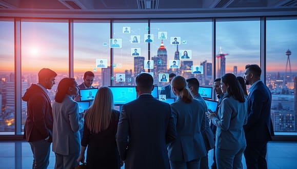 A vibrant digital workspace representing cross-platform coordination and solidarity in activism. In the foreground, a group of diverse individuals in professional business attire collaborate around a futuristic holographic interface, connecting seamlessly across different devices. In the middle ground, digital screens display various platforms like social media, video calls, and chat applications, all illuminated with soft, blue LED lighting that creates an inviting atmosphere. The background features a large window showing an urban skyline at dusk, symbolizing the transition from virtual to real-world impact. The overall mood is one of unity and proactive collaboration, with a slight lens flare effect to enhance the modern and tech-savvy essence of digital activism, shot from a dynamic low angle to emphasize engagement and energy. A vibrant digital workspace representing cross-platform coordination and solidarity in activism. In the foreground, a group of diverse individuals in professional business attire collaborate around a futuristic holographic interface, connecting seamlessly across different devices. In the middle ground, digital screens display various platforms like social media, video calls, and chat applications, all illuminated with soft, blue LED lighting that creates an inviting atmosphere. The background features a large window showing an urban skyline at dusk, symbolizing the transition from virtual to real-world impact. The overall mood is one of unity and proactive collaboration, with a slight lens flare effect to enhance the modern and tech-savvy essence of digital activism, shot from a dynamic low angle to emphasize engagement and energy.
