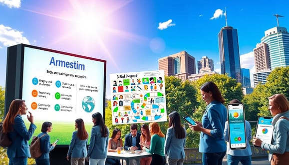 A vibrant urban setting showcasing various gamification examples in civic engagement. In the foreground, a diverse group of young adults in professional business attire interacts with a large digital screen displaying engaging civic challenges and rewards. In the middle, people gather around a community board game that encourages civic discussions, surrounded by colorful illustrations of civic achievements, while another group participates in a mobile app game that tracks community service hours. The background features a cityscape under a bright blue sky, with greenery and modern buildings symbolizing a thriving democracy. The scene is filled with dynamic lighting, capturing a lively, optimistic atmosphere, emphasizing collaboration and innovation in civic participation. A vibrant urban setting showcasing various gamification examples in civic engagement. In the foreground, a diverse group of young adults in professional business attire interacts with a large digital screen displaying engaging civic challenges and rewards. In the middle, people gather around a community board game that encourages civic discussions, surrounded by colorful illustrations of civic achievements, while another group participates in a mobile app game that tracks community service hours. The background features a cityscape under a bright blue sky, with greenery and modern buildings symbolizing a thriving democracy. The scene is filled with dynamic lighting, capturing a lively, optimistic atmosphere, emphasizing collaboration and innovation in civic participation.