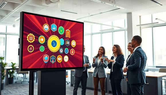 A contemporary digital badges framework displayed prominently in a sleek, modern office space. In the foreground, a large digital screen showcases colorful, dynamic badges representing various achievements and recognition levels, radiating a sense of accomplishment. The middle ground features a diverse group of professionals in business attire, engaged in a discussion, pointing towards the screen with expressions of enthusiasm and collaboration. In the background, a bright, airy office environment with large windows allows natural light to fill the space, creating an uplifting atmosphere. The scene should evoke feelings of motivation and innovation, emphasizing the importance of digital recognition strategies in fostering community and appreciation. A contemporary digital badges framework displayed prominently in a sleek, modern office space. In the foreground, a large digital screen showcases colorful, dynamic badges representing various achievements and recognition levels, radiating a sense of accomplishment. The middle ground features a diverse group of professionals in business attire, engaged in a discussion, pointing towards the screen with expressions of enthusiasm and collaboration. In the background, a bright, airy office environment with large windows allows natural light to fill the space, creating an uplifting atmosphere. The scene should evoke feelings of motivation and innovation, emphasizing the importance of digital recognition strategies in fostering community and appreciation.