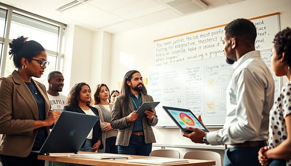 A diverse group of educators collaborating in a bright, modern classroom setting. In the foreground, a middle-aged Black woman in professional attire discusses a digital education strategy with a young Latina teacher at a laptop. The middle ground features a white male educator presenting a digital tablet displaying social justice data, surrounded by engaged students of various ethnic backgrounds taking notes. The background shows a large whiteboard filled with colorful diagrams and inspirational quotes about social change. The lighting is warm and inviting, with sunlight streaming through large windows, creating an optimistic atmosphere. The angle is slightly elevated, capturing the dynamic interaction and collaboration among the participants, embodying the essence of impactful educational programs for social justice. A diverse group of educators collaborating in a bright, modern classroom setting. In the foreground, a middle-aged Black woman in professional attire discusses a digital education strategy with a young Latina teacher at a laptop. The middle ground features a white male educator presenting a digital tablet displaying social justice data, surrounded by engaged students of various ethnic backgrounds taking notes. The background shows a large whiteboard filled with colorful diagrams and inspirational quotes about social change. The lighting is warm and inviting, with sunlight streaming through large windows, creating an optimistic atmosphere. The angle is slightly elevated, capturing the dynamic interaction and collaboration among the participants, embodying the essence of impactful educational programs for social justice.