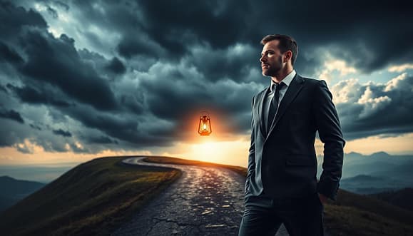 A dramatic scene depicting the hero's journey, centered on a determined figure in professional business attire, standing at a crossroads symbolizing key narrative arcs: a winding path leading towards the horizon, with shadows of obstacles and challenges looming on one side. In the foreground, the hero holds a glowing lantern representing insight and resolve. The middle ground features a tempestuous sky transitioning from dark storm clouds to bright sunlight, symbolizing tension and the turning point of the journey. The background includes distant mountains symbolizing both goals and struggles, under a radiant light indicating hope and resolution. The atmosphere is charged with emotion, the lighting highlighting the hero's face, evoking determination and purpose, captured with a cinematic wide-angle lens to enhance the epic scale of the journey.