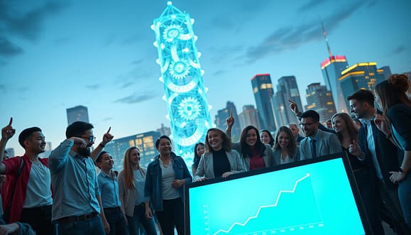 A dynamic and inspiring scene illustrating "movement building scalability." In the foreground, a diverse group of activists, dressed in smart casual attire, enthusiastically collaborate around a large digital screen displaying a growth chart, symbolizing scalability. In the middle ground, an abstract, towering structure made of interconnected gears and nodes represents systematic progress, bathed in soft blue and green lighting to create a tech-savvy atmosphere. The background features a bustling city skyline at dusk, with twinkling lights that evoke energy and teamwork. The composition is captured with a wide-angle lens to emphasize the scale of the structure and the excitement of the group. The overall mood is optimistic, embodying the spirit of community and forward-thinking innovation. A dynamic and inspiring scene illustrating "movement building scalability." In the foreground, a diverse group of activists, dressed in smart casual attire, enthusiastically collaborate around a large digital screen displaying a growth chart, symbolizing scalability. In the middle ground, an abstract, towering structure made of interconnected gears and nodes represents systematic progress, bathed in soft blue and green lighting to create a tech-savvy atmosphere. The background features a bustling city skyline at dusk, with twinkling lights that evoke energy and teamwork. The composition is captured with a wide-angle lens to emphasize the scale of the structure and the excitement of the group. The overall mood is optimistic, embodying the spirit of community and forward-thinking innovation.