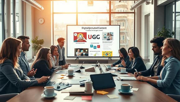 A dynamic office environment showcasing the concept of user-generated content (UGC) through vibrant interactions. In the foreground, a diverse group of professionals in business attire are engaged in a collaborative brainstorming session around a large table filled with digital devices, sticky notes, and cups of coffee. The middle ground features a large screen displaying digital storytelling graphics and UGC examples, capturing a lively atmosphere of creativity and innovation. In the background, large windows let in soft, natural light, casting a warm glow and illuminating the modern office decor. The overall mood is inspiring and professional, exuding a sense of teamwork and forward-thinking, emphasizing the importance of legal and rights management in the UGC process. The composition should be well-balanced, shot from an eye-level angle to foster engagement with the subject matter. A dynamic office environment showcasing the concept of user-generated content (UGC) through vibrant interactions. In the foreground, a diverse group of professionals in business attire are engaged in a collaborative brainstorming session around a large table filled with digital devices, sticky notes, and cups of coffee. The middle ground features a large screen displaying digital storytelling graphics and UGC examples, capturing a lively atmosphere of creativity and innovation. In the background, large windows let in soft, natural light, casting a warm glow and illuminating the modern office decor. The overall mood is inspiring and professional, exuding a sense of teamwork and forward-thinking, emphasizing the importance of legal and rights management in the UGC process. The composition should be well-balanced, shot from an eye-level angle to foster engagement with the subject matter.