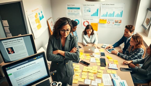 A focused workspace featuring a diverse group of professionals engaged in grassroots email advocacy. In the foreground, a confident woman in business attire examines a computer screen displaying an email marketing campaign with A/B testing layouts. The middle ground showcases a collaboration between colleagues, with sticky notes detailing subject lines, calls-to-action, and timing strategies spread across a large table cluttered with digital devices. The background includes charts and data visualizations pinned on a wall, bathed in soft, natural lighting that creates an inviting atmosphere. The scene captures a sense of determination and teamwork, highlighting the strategic planning behind effective email marketing for advocacy campaigns. The angle is slightly overhead, providing a comprehensive view of the collaborative effort. A focused workspace featuring a diverse group of professionals engaged in grassroots email advocacy. In the foreground, a confident woman in business attire examines a computer screen displaying an email marketing campaign with A/B testing layouts. The middle ground showcases a collaboration between colleagues, with sticky notes detailing subject lines, calls-to-action, and timing strategies spread across a large table cluttered with digital devices. The background includes charts and data visualizations pinned on a wall, bathed in soft, natural lighting that creates an inviting atmosphere. The scene captures a sense of determination and teamwork, highlighting the strategic planning behind effective email marketing for advocacy campaigns. The angle is slightly overhead, providing a comprehensive view of the collaborative effort.