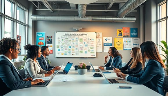A modern, inviting workspace highlighting social media volunteer onboarding. In the foreground, a diverse group of individuals, dressed in professional business attire, sits around a large table engaged in discussion. They are animatedly sharing ideas, surrounded by laptops, tablets, and social media icons displayed on the screens. In the middle ground, a whiteboard filled with colorful diagrams and notes outlines strategies connecting social media platforms with community activism. The background showcases vibrant décor that reflects creativity, with posters of social campaigns. Soft, natural lighting pours through large windows, casting a warm glow, creating an atmosphere of collaboration and enthusiasm. The camera angle is slightly elevated, providing a comprehensive view of the collaborative space.