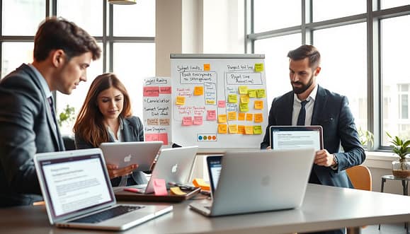 A modern, professional workspace filled with dynamic individuals engaged in a collaborative email advocacy campaign. In the foreground, a diverse group of three professionals, one woman and two men, dressed in business attire, intensely discussing email drafts displayed on sleek laptops. In the middle, colorful sticky notes and charts on a whiteboard showcase effective subject line strategies and call-to-action hierarchies. The background features large windows with natural light pouring in, illuminating the room, and fostering a vibrant atmosphere. The lens captures the scene at a slight angle to convey depth, inviting viewers into the brainstorming session. The mood is one of enthusiasm and teamwork, emphasizing the importance of structured messaging in grassroots advocacy.