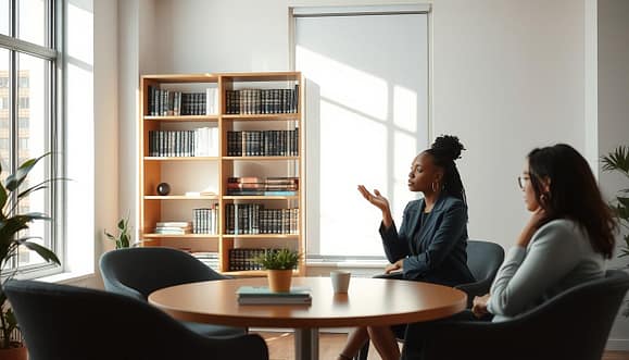 A serene and thoughtful scene in a well-lit, modern office environment. In the foreground, two diverse individuals sitting across from each other at a round table, engaged in a conversation, both wearing professional business attire. One person is holding a notebook, taking notes, while the other gestures with a calm expression, emphasizing the importance of safety and consent in storytelling. In the middle ground, shelves filled with books on trauma-informed practices and ethical storytelling. The background features a large window allowing natural light to flood the room, casting soft shadows that evoke a safe and nurturing atmosphere. The overall mood is one of openness, trust, and professionalism, highlighting the essence of sharing personal stories while prioritizing consent and emotional safety. A serene and thoughtful scene in a well-lit, modern office environment. In the foreground, two diverse individuals sitting across from each other at a round table, engaged in a conversation, both wearing professional business attire. One person is holding a notebook, taking notes, while the other gestures with a calm expression, emphasizing the importance of safety and consent in storytelling. In the middle ground, shelves filled with books on trauma-informed practices and ethical storytelling. The background features a large window allowing natural light to flood the room, casting soft shadows that evoke a safe and nurturing atmosphere. The overall mood is one of openness, trust, and professionalism, highlighting the essence of sharing personal stories while prioritizing consent and emotional safety.