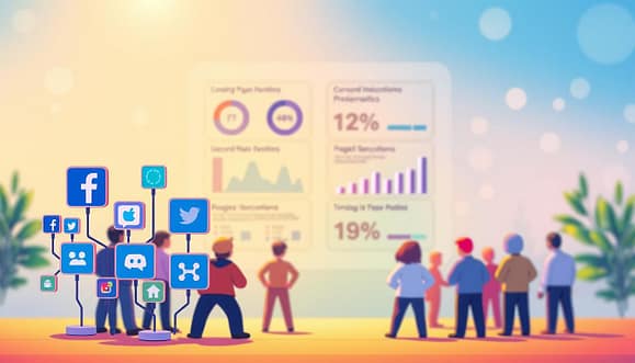 A vibrant and informative illustration depicting a comparison of community building platforms and social networks, designed for a professional audience. In the foreground, icons representing various platforms like Facebook, Twitter, Discord, and Slack are arranged in a circular layout, each highlighted with a distinctive color and subtle glow. The middle section features abstract charts and graphs indicating usage stats and demographics, providing a clear visual comparison. The background contains a soft gradient of blue and green, symbolizing connectivity and collaboration. The scene is warmly lit to create an inviting atmosphere, with a slight depth of field for focus on the platforms. The overall mood is engaging and professional, aimed at inspiring community management tactics for activist organizations.