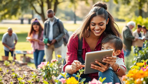 A vibrant and inspiring scene showcasing diverse individuals engaging in micro-volunteering activities outdoors. In the foreground, a young woman in casual professional attire is mentoring a child on a tablet, both smiling enthusiastically. To the left, two students are collaborating on a community garden project, planting flowers in a sunny park. In the background, an older gentleman is helping a group of people sort food donations. Soft, natural lighting creates a warm atmosphere, enhancing the feeling of community and connection. Use a mid-angle shot to capture the interactions clearly, with a slight depth of field blurring the background slightly to focus on the cheerful expressions of the volunteers. The setting should feel uplifting and dynamic, emphasizing the real-world impact of small acts of kindness. A vibrant and inspiring scene showcasing diverse individuals engaging in micro-volunteering activities outdoors. In the foreground, a young woman in casual professional attire is mentoring a child on a tablet, both smiling enthusiastically. To the left, two students are collaborating on a community garden project, planting flowers in a sunny park. In the background, an older gentleman is helping a group of people sort food donations. Soft, natural lighting creates a warm atmosphere, enhancing the feeling of community and connection. Use a mid-angle shot to capture the interactions clearly, with a slight depth of field blurring the background slightly to focus on the cheerful expressions of the volunteers. The setting should feel uplifting and dynamic, emphasizing the real-world impact of small acts of kindness.