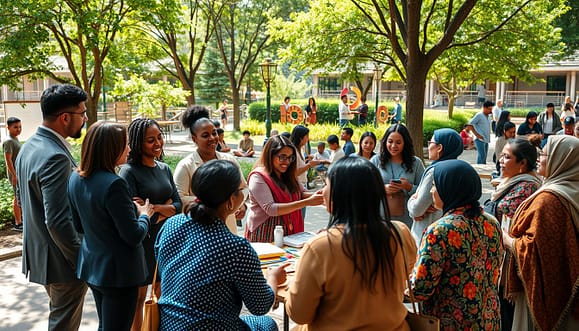 A vibrant community building scene showcasing diverse individuals engaged in rituals and activities that foster connection and collaboration. In the foreground, a group of people, dressed in professional business attire and modest casual clothing, participate in a lively discussion circle, sharing ideas with animated expressions. In the middle ground, others can be seen setting up a table filled with art supplies and digital devices, symbolizing creativity and resource sharing. The background features a warm, inviting urban park with greenery and community art installations. The sunlight filters through the trees, creating dappled light on the scene, giving a sense of warmth and community spirit. Capture this moment from a slightly elevated angle for a dynamic perspective that emphasizes engagement and interaction. A vibrant community building scene showcasing diverse individuals engaged in rituals and activities that foster connection and collaboration. In the foreground, a group of people, dressed in professional business attire and modest casual clothing, participate in a lively discussion circle, sharing ideas with animated expressions. In the middle ground, others can be seen setting up a table filled with art supplies and digital devices, symbolizing creativity and resource sharing. The background features a warm, inviting urban park with greenery and community art installations. The sunlight filters through the trees, creating dappled light on the scene, giving a sense of warmth and community spirit. Capture this moment from a slightly elevated angle for a dynamic perspective that emphasizes engagement and interaction.