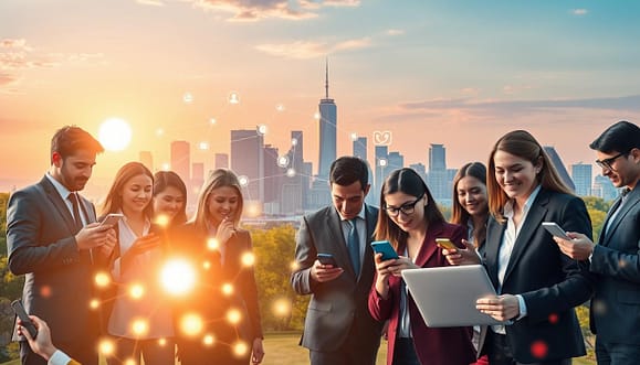 A vibrant digital landscape illustrating micro-volunteering in action. In the foreground, a diverse group of individuals, dressed in professional business attire, collaboratively engage with smartphones and laptops, symbolizing their participation in online activism. Their expressions show enthusiasm and determination. In the middle ground, a glowing network of social media icons interconnects, representing the power of digital platforms. In the background, an iconic city skyline reflects a bright sunrise, signifying hope and the dawn of a new era in activism. Soft, warm lighting enhances the sense of positivity and community, while a wide-angle perspective captures the dynamic interaction and interconnectedness of these micro-volunteers, embodying the spirit of activism through digital participation.