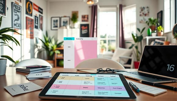 A visually appealing weekly content planning grid for social media, depicted as a bright and inviting workspace. In the foreground, a digital tablet displays a colorful, organized grid with sections labeled for live rooms, AMAs, duets, and stitches, all in pastel hues. Scattered around are notes and a stylish laptop, reflecting a busy yet harmonious atmosphere. The middle ground features an inviting open window with natural light flooding in, casting soft shadows on the desk. In the background, a cozy room is filled with plants, inspirational posters, and a bookshelf, showcasing a creative environment. The mood is energetic yet balanced, capturing the essence of efficient cadence planning for digital activists. A visually appealing weekly content planning grid for social media, depicted as a bright and inviting workspace. In the foreground, a digital tablet displays a colorful, organized grid with sections labeled for live rooms, AMAs, duets, and stitches, all in pastel hues. Scattered around are notes and a stylish laptop, reflecting a busy yet harmonious atmosphere. The middle ground features an inviting open window with natural light flooding in, casting soft shadows on the desk. In the background, a cozy room is filled with plants, inspirational posters, and a bookshelf, showcasing a creative environment. The mood is energetic yet balanced, capturing the essence of efficient cadence planning for digital activists.