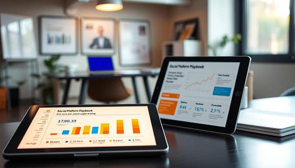 A well-organized and visually engaging "social platform playbook" on a sleek digital tablet, placed prominently in the foreground. The tablet displays a colorful, annotated analytics chart showing metrics like shares, completion rate, and CTR, illuminated by a soft, warm light that highlights its screen. In the middle background, a stylish workspace with blurred elements such as a modern desk, a laptop, and business materials, conveying a professional atmosphere. The overall mood is focused and motivational, with an inviting workspace that inspires digital activists. The lighting is natural, with sunlight streaming in from a nearby window, creating a serene and productive environment. Include subtle tech elements, like graphs and social media icons, to evoke a sense of digital connectivity and strategy, ensuring no text or branding is present. A well-organized and visually engaging "social platform playbook" on a sleek digital tablet, placed prominently in the foreground. The tablet displays a colorful, annotated analytics chart showing metrics like shares, completion rate, and CTR, illuminated by a soft, warm light that highlights its screen. In the middle background, a stylish workspace with blurred elements such as a modern desk, a laptop, and business materials, conveying a professional atmosphere. The overall mood is focused and motivational, with an inviting workspace that inspires digital activists. The lighting is natural, with sunlight streaming in from a nearby window, creating a serene and productive environment. Include subtle tech elements, like graphs and social media icons, to evoke a sense of digital connectivity and strategy, ensuring no text or branding is present.