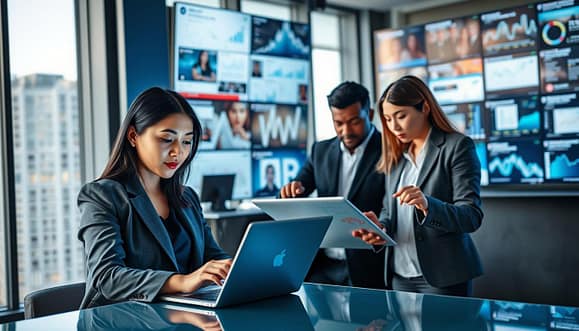 A modern office environment featuring a diverse group of professionals engaged in media monitoring. In the foreground, a focused Asian female journalist in a smart blazer is analyzing data on a sleek laptop, the glowing screen displaying graphs and social media insights. The middle ground reveals two colleagues, a Black male analyst and a Hispanic female strategist, collaborating over a large digital tablet, pointing at trending alerts and statistics. The background showcases a wall of monitors displaying real-time social media feeds and analytics, with a cityscape view through large windows, suggesting a dynamic urban atmosphere. Soft, natural lighting filters in, creating a productive and determined mood, with a subtle blue color palette to emphasize technology and communication.