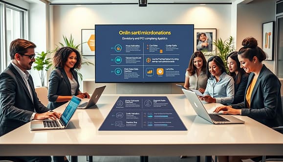 A modern office environment showcasing online fundraising microdonations. In the foreground, a diverse group of professionals in business attire, gathered around a sleek, high-tech table with laptops and tablets displaying fundraising data and compliance information. The middle layer features a large digital screen emphasizing donor data retention and PCI compliance basics through intuitive infographics. In the background, a bright, well-lit office filled with greenery and motivational artwork, creating an atmosphere of collaboration and innovation. Soft, ambient lighting casts warm tones across the scene. The composition is angled slightly from above to capture the dynamic interaction among the team members, evoking a sense of purpose and engagement in online fundraising efforts. A modern office environment showcasing online fundraising microdonations. In the foreground, a diverse group of professionals in business attire, gathered around a sleek, high-tech table with laptops and tablets displaying fundraising data and compliance information. The middle layer features a large digital screen emphasizing donor data retention and PCI compliance basics through intuitive infographics. In the background, a bright, well-lit office filled with greenery and motivational artwork, creating an atmosphere of collaboration and innovation. Soft, ambient lighting casts warm tones across the scene. The composition is angled slightly from above to capture the dynamic interaction among the team members, evoking a sense of purpose and engagement in online fundraising efforts.