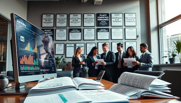 A modern office scene depicting a digital workspace dedicated to ad policy verification archives. In the foreground, a sleek computer monitor displays colorful graphs and data related to ad compliance, while open folders with neatly organized files are spread across a stylish desk. In the middle ground, a diverse group of professionals in business attire collaborates, analyzing documents and discussing insights, with their expressions showing focus and determination. The background features a wall adorned with framed certifications and guidelines about privacy and copyright rules, creating an atmosphere of professionalism and vigilance. Soft, natural lighting filters through large windows, casting gentle shadows, while the angle captures the dynamic interaction among the team, emphasizing their commitment to creative limits within advertising policies.
