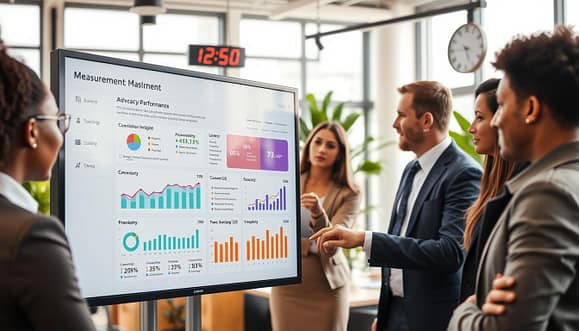 A modern office space with a large, interactive measurement dashboard displayed on a sleek screen in the foreground, showing colorful graphs and metrics related to digital ad performance for advocacy campaigns. In the middle ground, a diverse group of professionals (in business attire) engage in discussion, pointing at the data to analyze conversion lift and incrementality. The background features a bright, airy environment filled with plants and natural light streaming through large windows. A digital clock is visible, indicating progress and urgency. The atmosphere is collaborative and focused, conveying a sense of innovation and strategic planning, with a warm yet professional color palette highlighting the importance of effective budgeting in digital advertising. A modern office space with a large, interactive measurement dashboard displayed on a sleek screen in the foreground, showing colorful graphs and metrics related to digital ad performance for advocacy campaigns. In the middle ground, a diverse group of professionals (in business attire) engage in discussion, pointing at the data to analyze conversion lift and incrementality. The background features a bright, airy environment filled with plants and natural light streaming through large windows. A digital clock is visible, indicating progress and urgency. The atmosphere is collaborative and focused, conveying a sense of innovation and strategic planning, with a warm yet professional color palette highlighting the importance of effective budgeting in digital advertising.